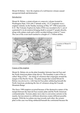 Mount St Helens – How the Eruption of a Well-Known Volcano Caused Unexpected Death and Destruction Introduction Mount St. Hele