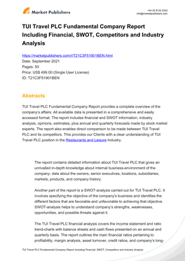 TUI Travel PLC Fundamental Company Report Including
