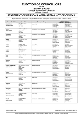 Election of Councillors for the Bishop`S Ward London Borough of Lambeth Thursday 3 May 2018 Statement of Persons Nominated & Notice of Poll