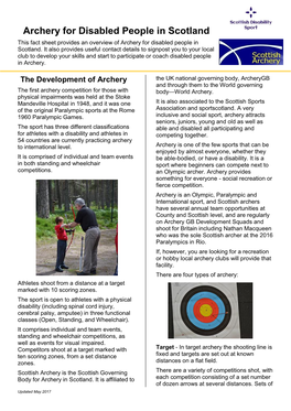 Archery for Disabled People in Scotland This Fact Sheet Provides an Overview of Archery for Disabled People in Scotland