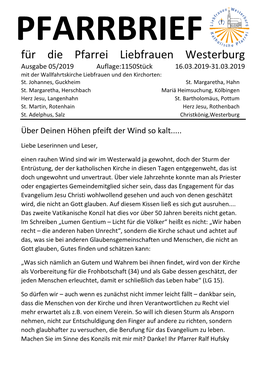 PFARRBRIEF Für Die Pfarrei Liebfrauen Westerburg Ausgabe 05/2019 Auflage:1150Stück 16.03.2019-31.03.2019 Mit Der Wallfahrtskirche Liebfrauen Und Den Kirchorten: St