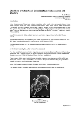 Checklists of Mites (Acari: Oribatida) Found in Lancashire and Cheshire F