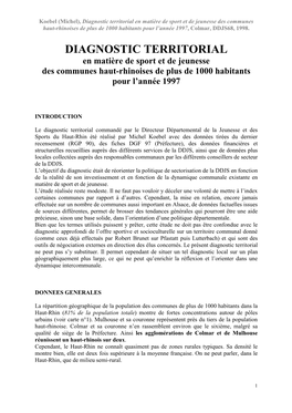 Diagnostic Territorial En Matière De Sport Et De Jeunesse Des Communes Haut-Rhinoises De Plus De 1000 Habitants Pour L’Année 1997, Colmar, DDJS68, 1998