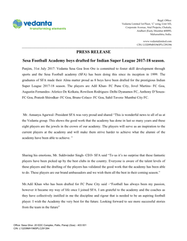 PRESS RELEASE Sesa Football Academy Boys Drafted for Indian