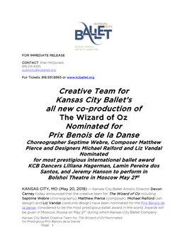 Creative Team for Kansas City Ballet's All New Co-Production Of