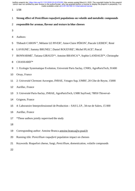 Strong Effect of Penicillium Roqueforti Populations on Volatile and Metabolic Compounds