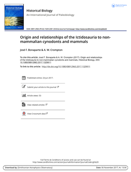 Origin and Relationships of the Ictidosauria to Non-Mammalian