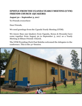 EPISTLE from the UGANDA YEARLY MEETING (UYM) FRIENDS CHURCH (QUAKERS) August 30 – September 3, 2017 to Friends Everywhere