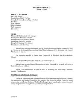 PLANO CITY COUNCIL August 25, 2008 COUNCIL MEMBERS Pat