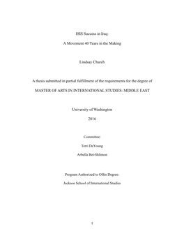 ISIS Success in Iraq: a Movement 40 Years in the Making Lindsay Church a Thesis Submitted in Partial Fulfillment of the Requirem