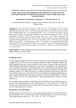 SOME ASPECTS of the REPRODUCTIVE BIOLOGY of the LONG FIN GURNARD ASPITRIGLA OBSCURA (LINNAEUS, 1764) in DERNAH COAST, EASTERN LIBYA Mohammad A