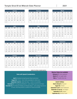 Temple Sinai B'nei Mitzvah Date Planner 2021