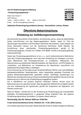 VF2599 Oeffentliche Bekanntmachung Aufklärungsversammlung Gemäß § 5 Flurbg