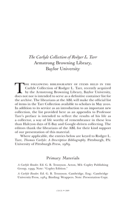 The Carlyle Collection of Rodger L. Tarr Armstrong Browning Library, Baylor University