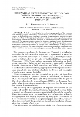 Observations on the Ecology of Euploea Core Corinna (Nymphalidae) with Special Reference to an Overwintering Population