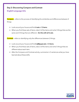 Day 2: Discovering Compare and Contrast English Language Arts