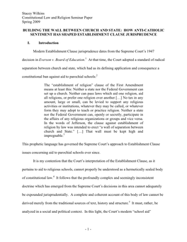 Stacey Wilkins Constitutional Law and Religion Seminar Paper Spring 2009