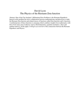 David Lyon the Physics of the Riemann Zeta Function