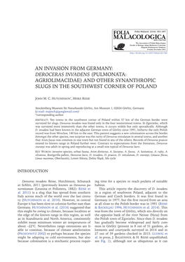 Deroceras Invadens (Pulmonata: Agriolimacidae) and Other Synanthropic Slugs in the Southwest Corner of Poland