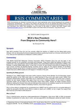 RSIS COMMENTARIES RSIS Commentaries Are Intended to Provide Timely And, Where Appropriate, Policy Relevant Background and Analysis of Contemporary Developments