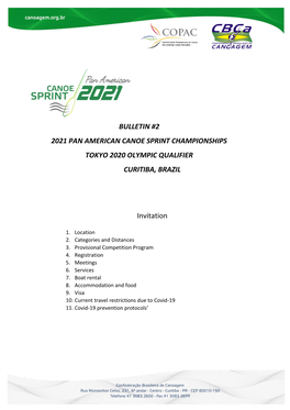 Bulletin #2 2021 Pan American Canoe Sprint Championships Tokyo 2020 Olympic Qualifier Curitiba, Brazil