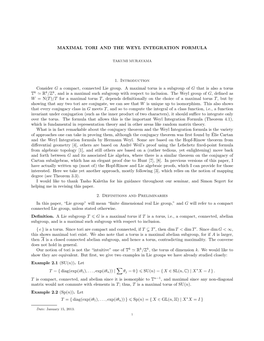 Maximal Tori and the Weyl Integration Formula 1