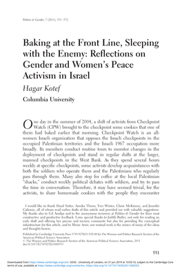Baking at the Front Line, Sleeping with the Enemy: Reflections on Gender and Women’S Peace Activism in Israel Hagar Kotef Columbia University