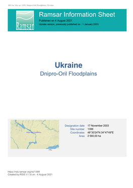Ukraine Ramsar Information Sheet Published on 4 August 2021 Update Version, Previously Published on : 1 January 2003