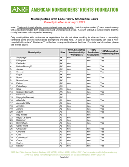 Municipalities with Local 100% Smokefree Laws Currently in Effect As of July 1, 2021