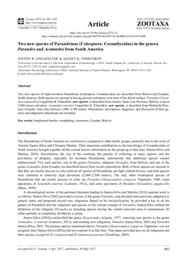 Two New Species of Parandrinae (Coleoptera: Cerambycidae) in the Genera Parandra and Acutandra from South America