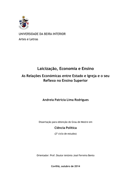 Laicização, Economia E Ensino As Relações Económicas Entre Estado E Igreja E O Seu Reflexo No Ensino Superior