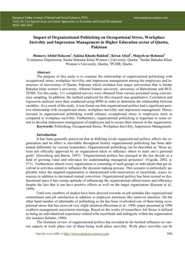 Impact of Organizational Politicking on Occupational Stress, Workplace Incivility and Impression Management in Higher Education Sector of Quetta, Pakistan