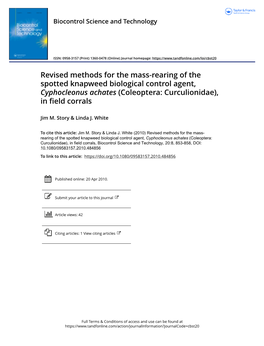 Revised Methods for the Mass-Rearing of the Spotted Knapweed Biological Control Agent, Cyphocleonus Achates (Coleoptera: Curculionidae), in Field Corrals