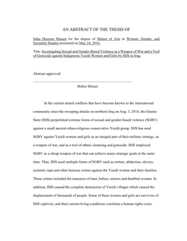 Investigating Sexual and Gender-Based Violence As a Weapon of War and a Tool of Genocide Against Indigenous Yazidi Women and Girls by ISIS in Iraq