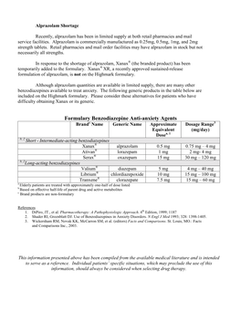 Formulary Benzodiazepine Anti-Anxiety Agents