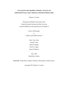 Analysis of the Trophic Support Capacity of Smith Mountain Lake, Virginia, for Piscivorous Fish