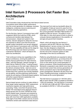 Intel Itanium 2 Processors Get Faster Bus Architecture 18 July 2005