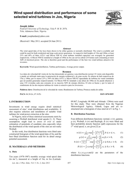 Wind Speed Distribution and Performance of Some Selected Wind Turbines in Jos, Nigeria