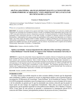 Arañas (Arachnida: Araneae) Depositadas En La Colección Del Laboratorio De Acarología “Anita Hoffmann” De La Facultad De Ciencias De La Unam