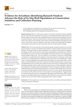 Evidence for Aviculture: Identifying Research Needs to Advance the Role of Ex Situ Bird Populations in Conservation Initiatives and Collection Planning