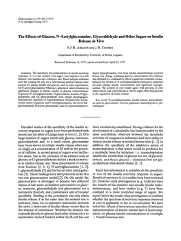 The Effects of Glucose, N-Acetylglucosamine, Glyceraldehyde and Other Sugars on Insulin Release in Vivo S