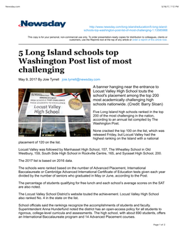 May 9, 2017 – 5 Long Island Schools Top Washington Post List of Most