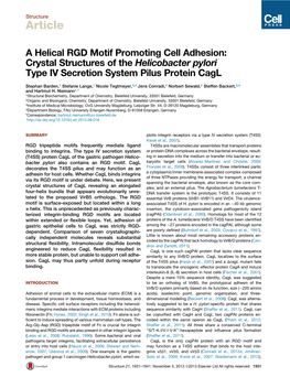 A Helical RGD Motif Promoting Cell Adhesion: Crystal Structures of the Helicobacter Pylori Type IV Secretion System Pilus Protein Cagl