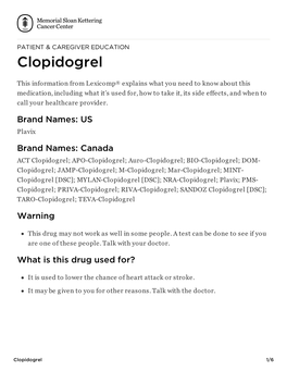 Clopidogrel | Memorial Sloan Kettering Cancer Center