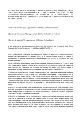 Accordo Fra Enti in Relazione a Quanto Disposto Dal Presidente Della Giunta Regionale Con Ordinanza N