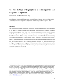 The Two Kabiye Orthographies: a Sociolinguistic and Linguistic Comparison