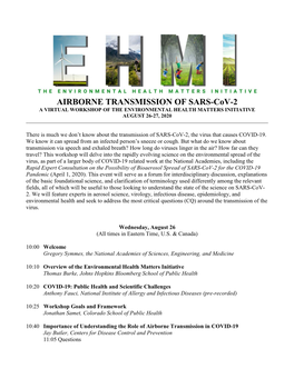 AIRBORNE TRANSMISSION of SARS-Cov-2 a VIRTUAL WORKSHOP of the ENVIRONMENTAL HEALTH MATTERS INITIATIVE AUGUST 26-27, 2020