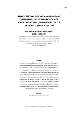 Redescription of Cheirodon Ibicuhiensis Eigenmann, 1915 (Characiformes: Cheirodontinae), with Notes on Its Distribution in Argentina