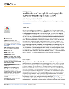 Modifications of Hemoglobin and Myoglobin by Maillard Reaction Products (Mrps)