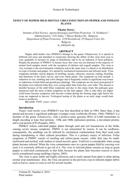 Effect of Pepper Mild Mottle Virus Infection on Pepper and Tomato Plants